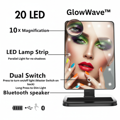 GlowWave™ Illuminated Bluetooth Vanity Mirror with Built-In Speakers